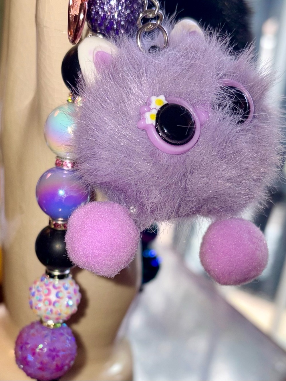 Purple Fluffy cat bag charm with holographic and rhinestone beaded bag charm